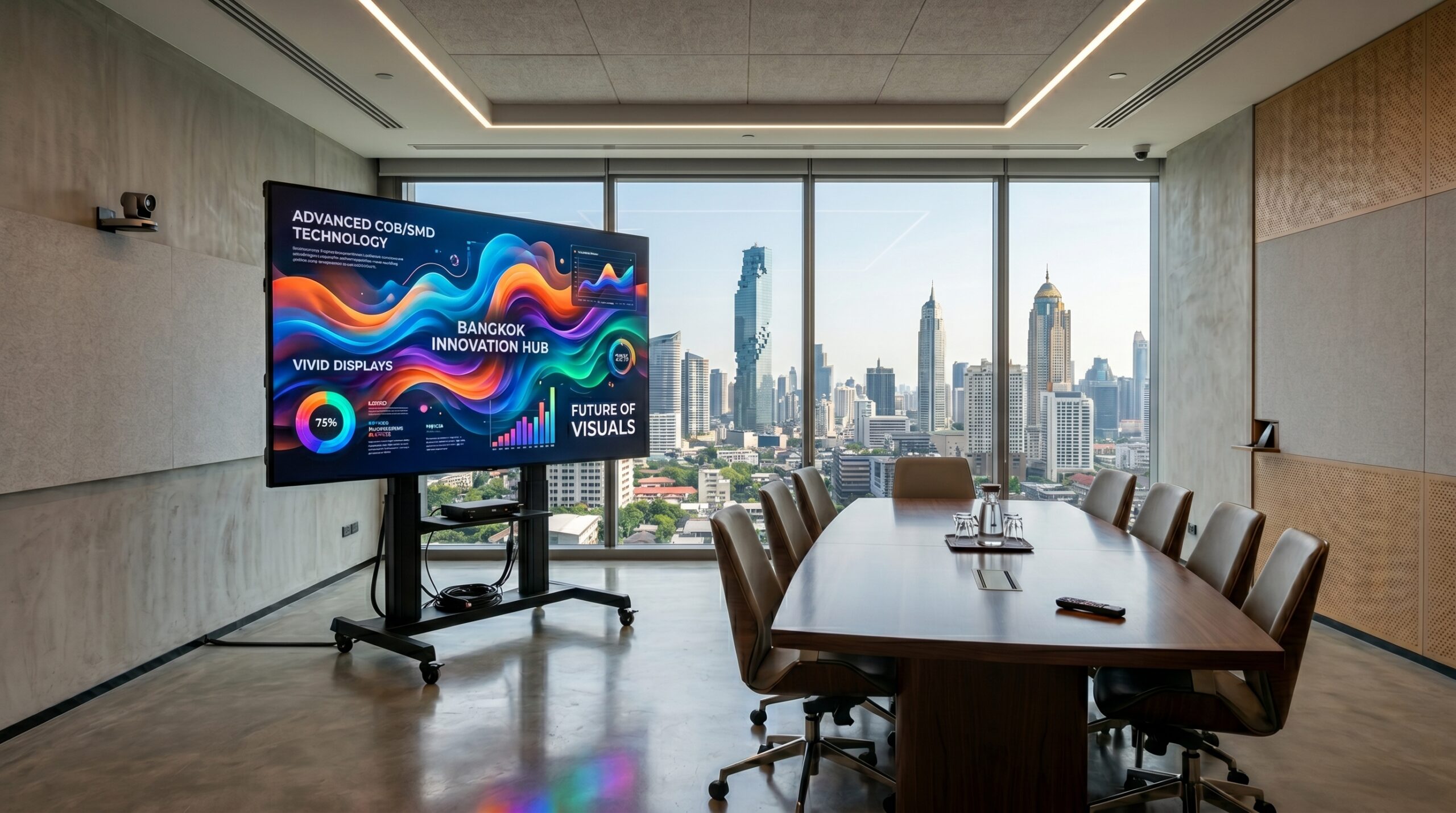 ห้องประชุมอัจฉริยะติดตั้งจอ LED ขนาดใหญ่ พร้อมระบบ Video Conference มองเห็นวิวกรุงเทพ