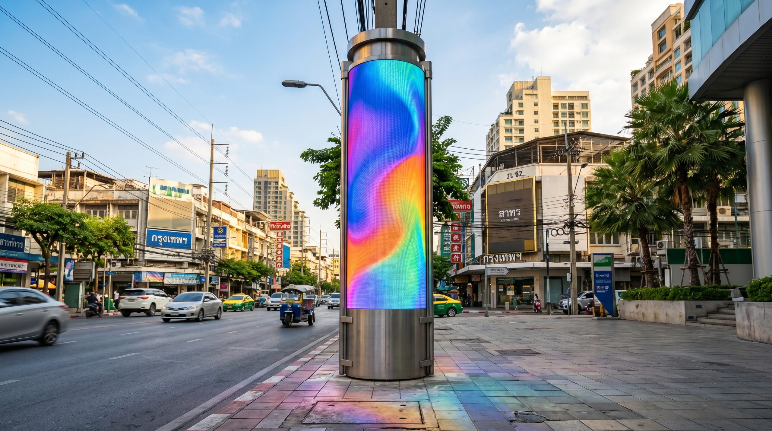 ป้ายโฆษณาจอ LED กลางแจ้งแบบเสาทรงกระบอก แสดงผลสีสันสดใส บนถนนในกรุงเทพ